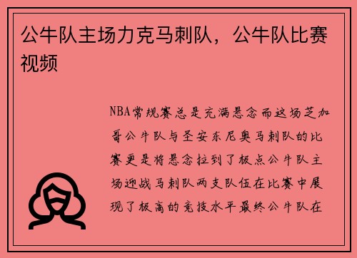公牛队主场力克马刺队，公牛队比赛视频